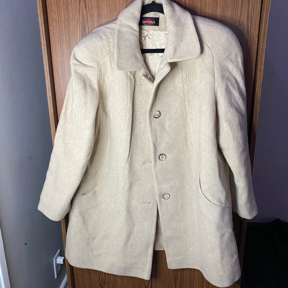 Alorna Wool Blend Car Coat Womens L Cream Vintage Button Front Made in USA
